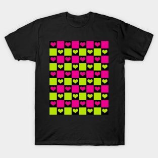 Checkerboard Hearts in Lime Green, Hot Pink and Black T-Shirt